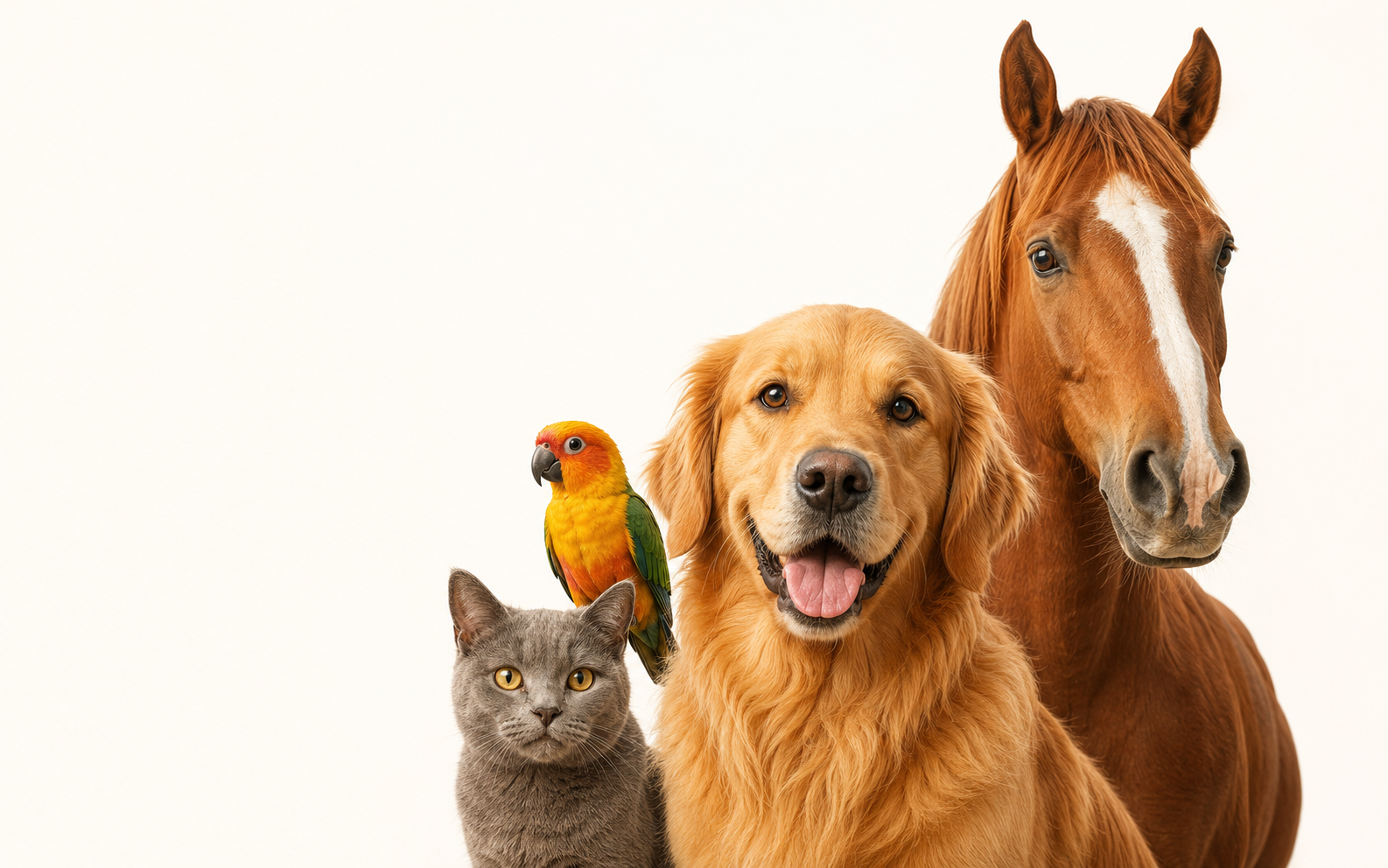 Cão, gato, pássaro e cavalo representando os animais atendidos pela loja